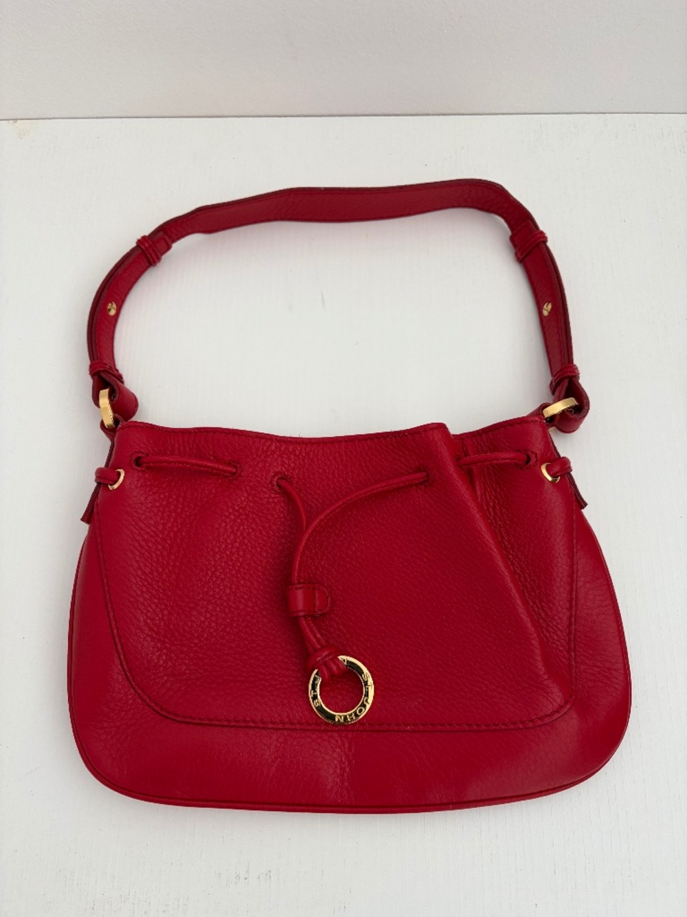 St. John Red Leather Pull String Bag - Picture 1 of 5